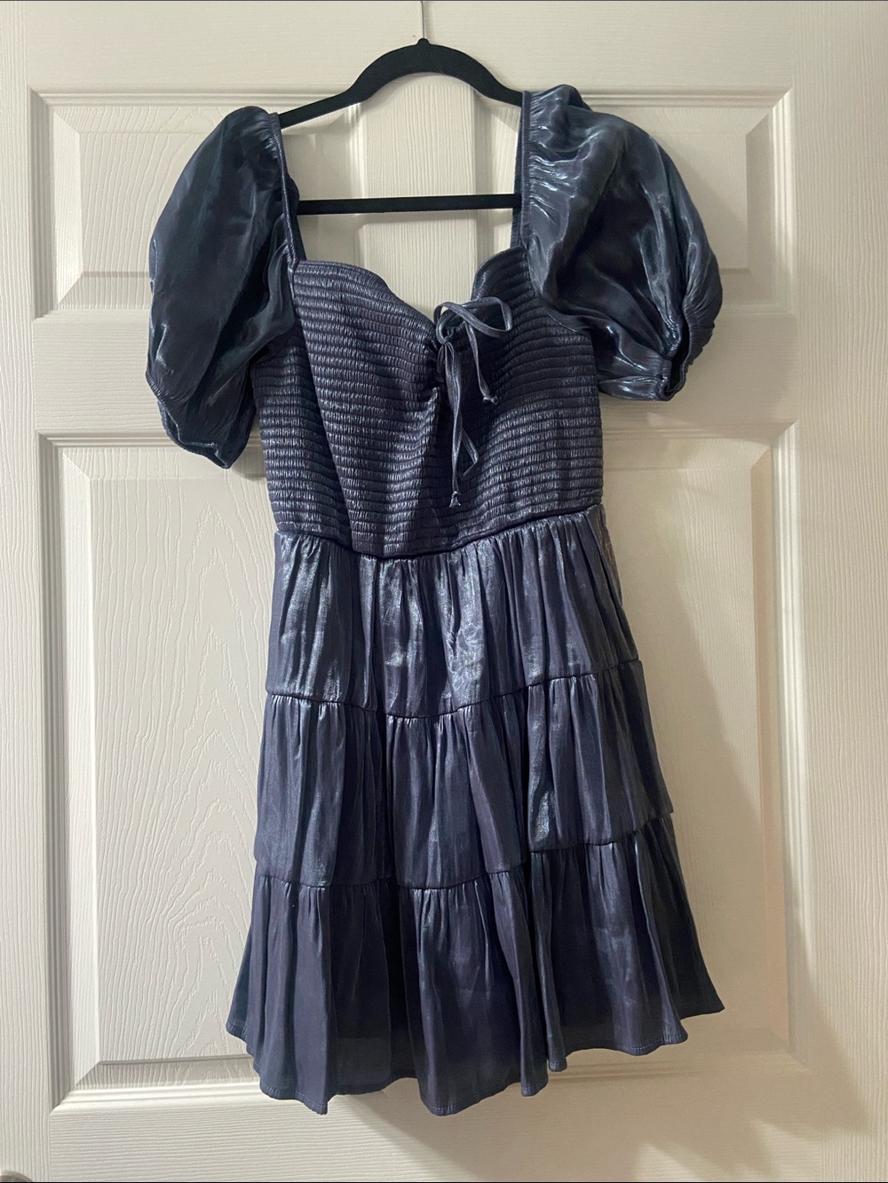 Shimmer Puff-Sleeve Tiered Mini Dress in Navy